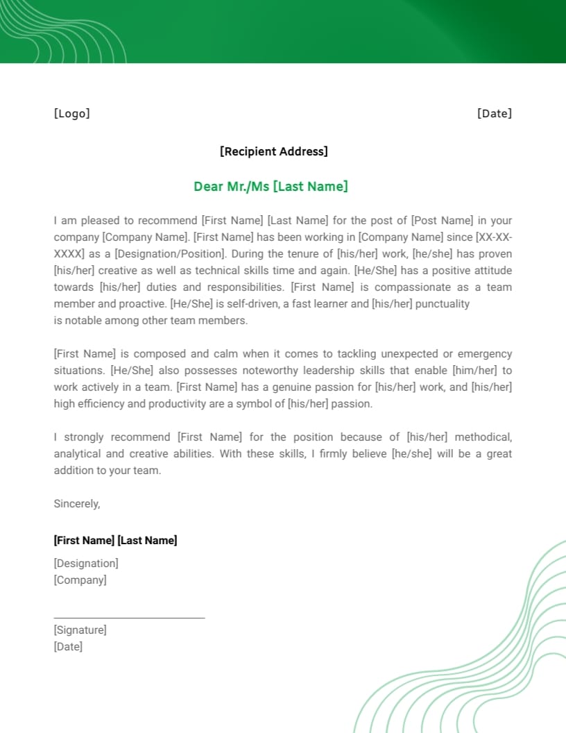Manager Letter of Recommendation Template