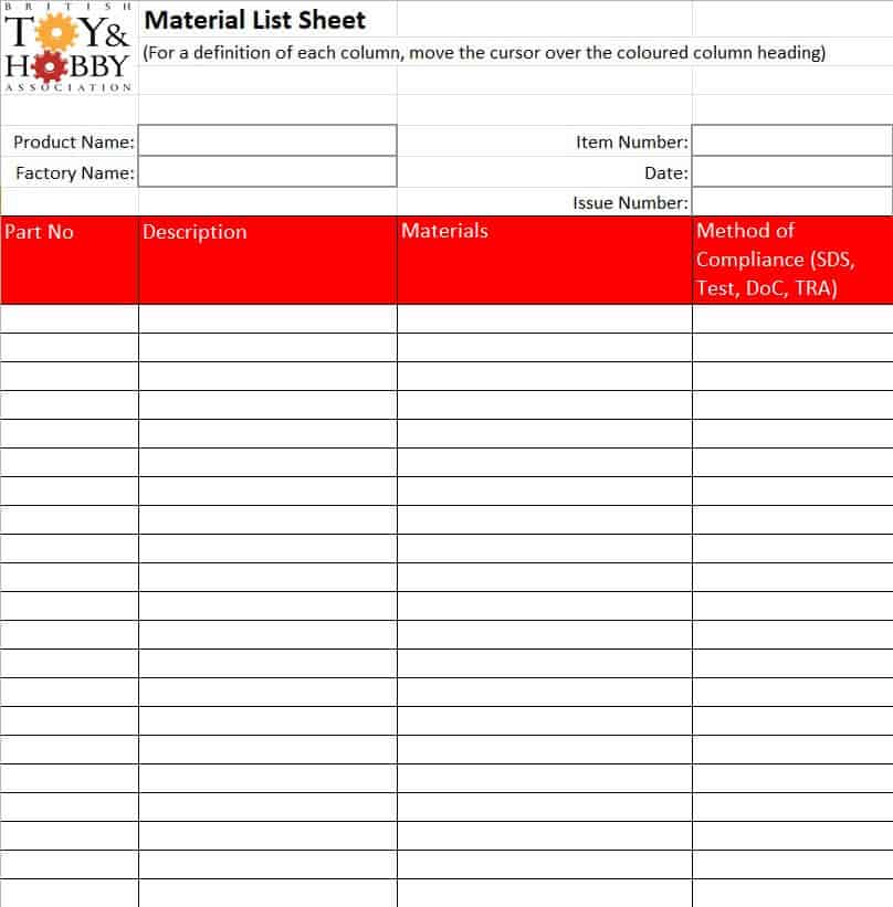 Material Quantity Record Sheet Template