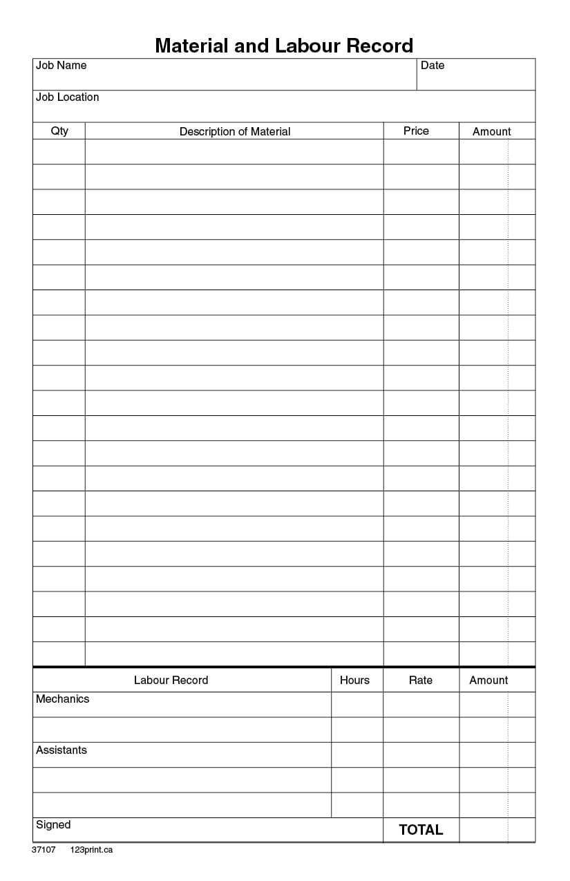 Material Quantity Record Sheet Template