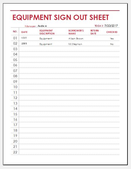 Material Sign out Sheet Template