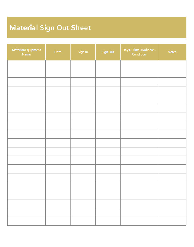 Material Sign out Sheet Template