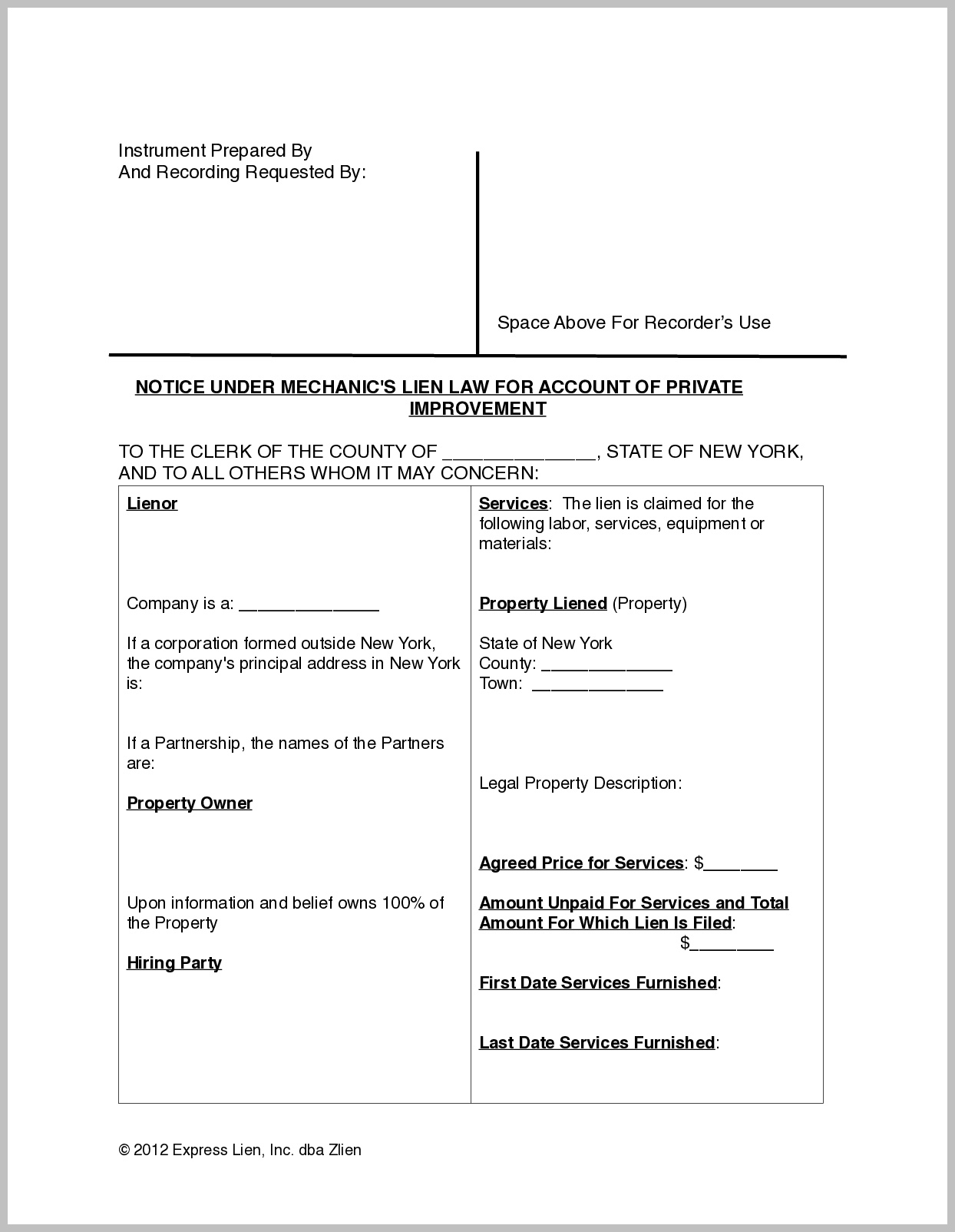 Mechanics Lien Form Mechanics Lien Form