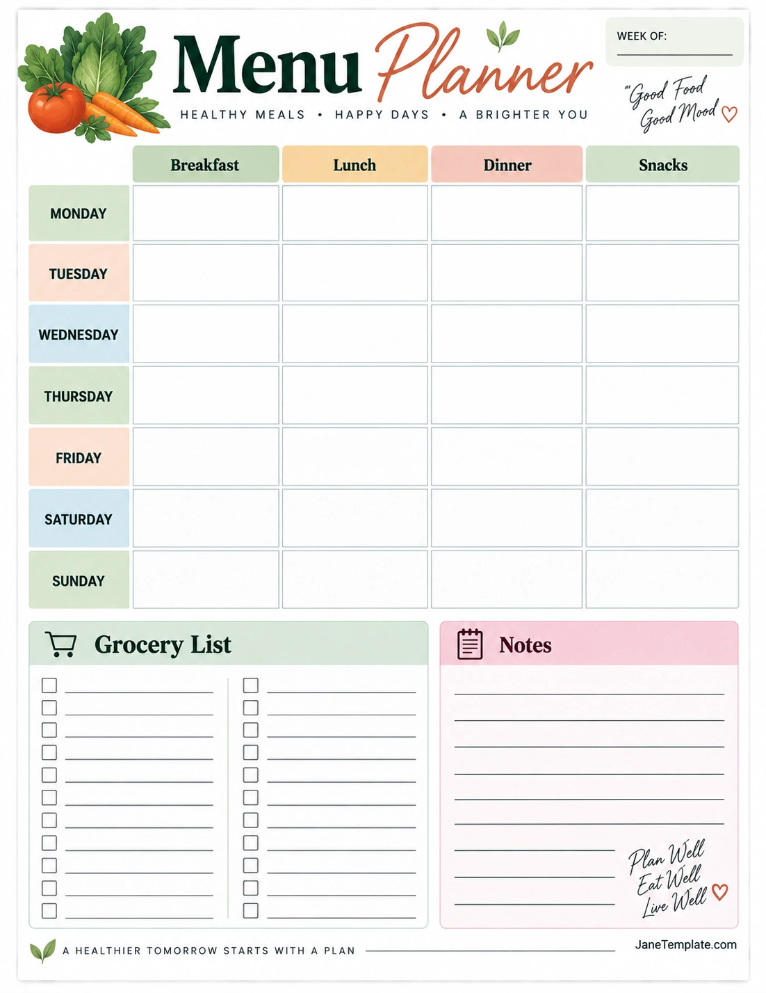 Menu Planner Template Printable weekly menu planner template with breakfast, lunch, dinner, snacks, grocery list, notes, and meal ideas