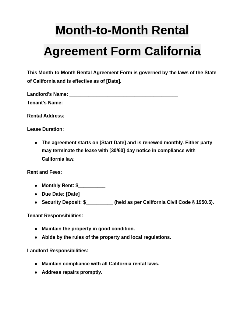 Month to month Lease Agreement Template
