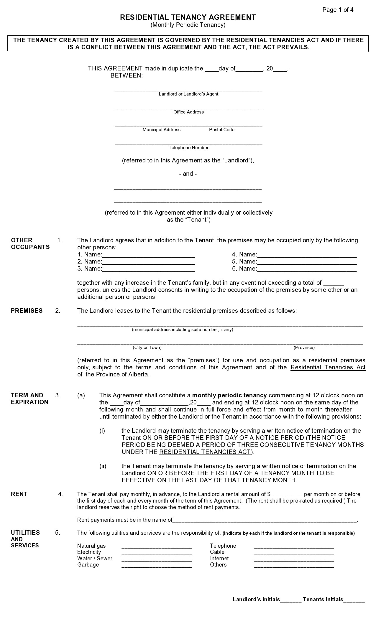 Month to month Lease Agreement Template
