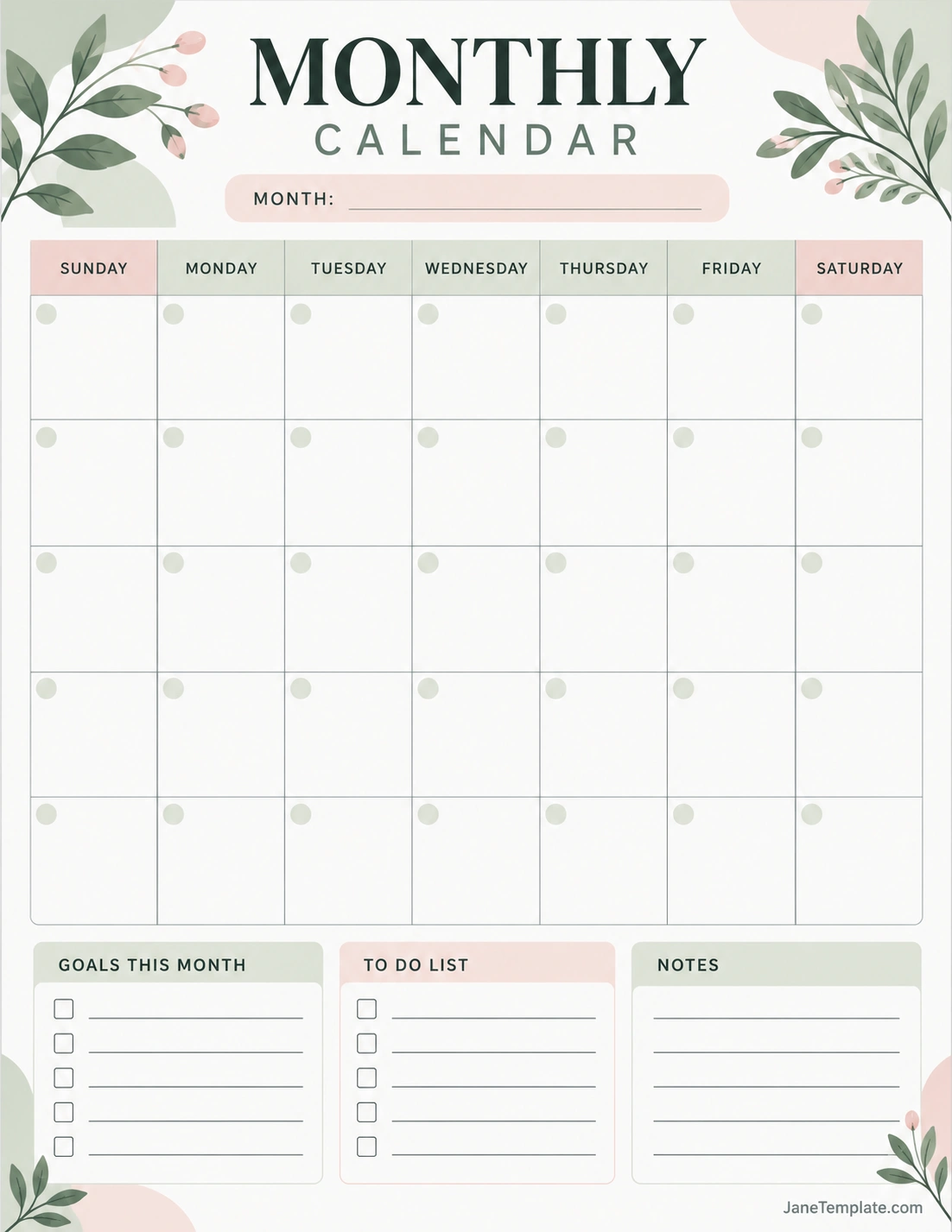 Monthly Calendar Template Printable blank monthly calendar template with calendar grid, monthly goals, to-do list, and notes sections