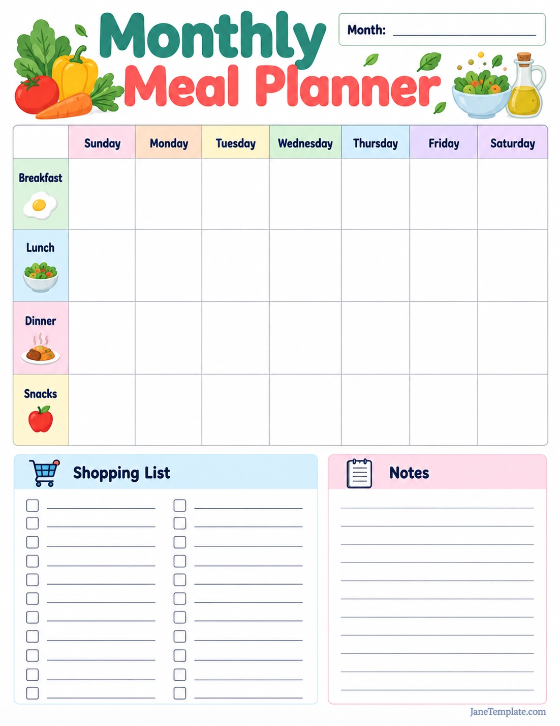 Monthly Meal Planner Template Printable monthly meal planner template with breakfast, lunch, dinner, snacks, shopping list, and notes
