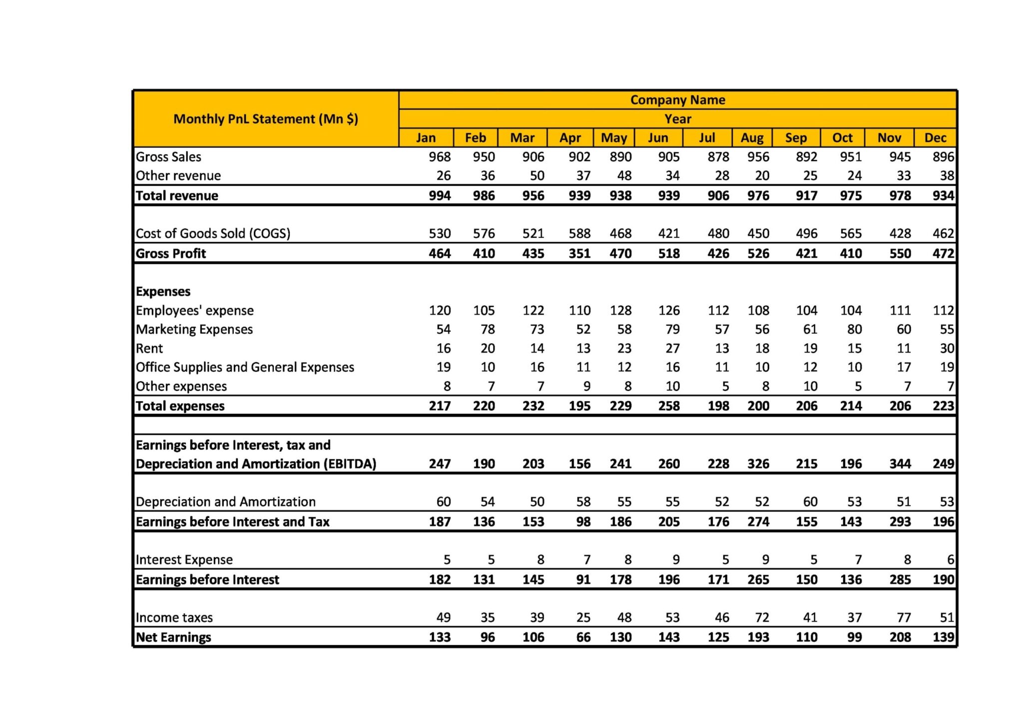Monthly Profit And Loss Statement Template