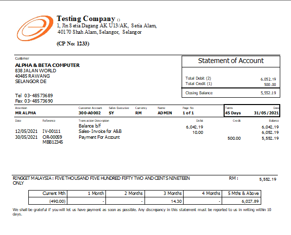 Monthly Statement of Account Template