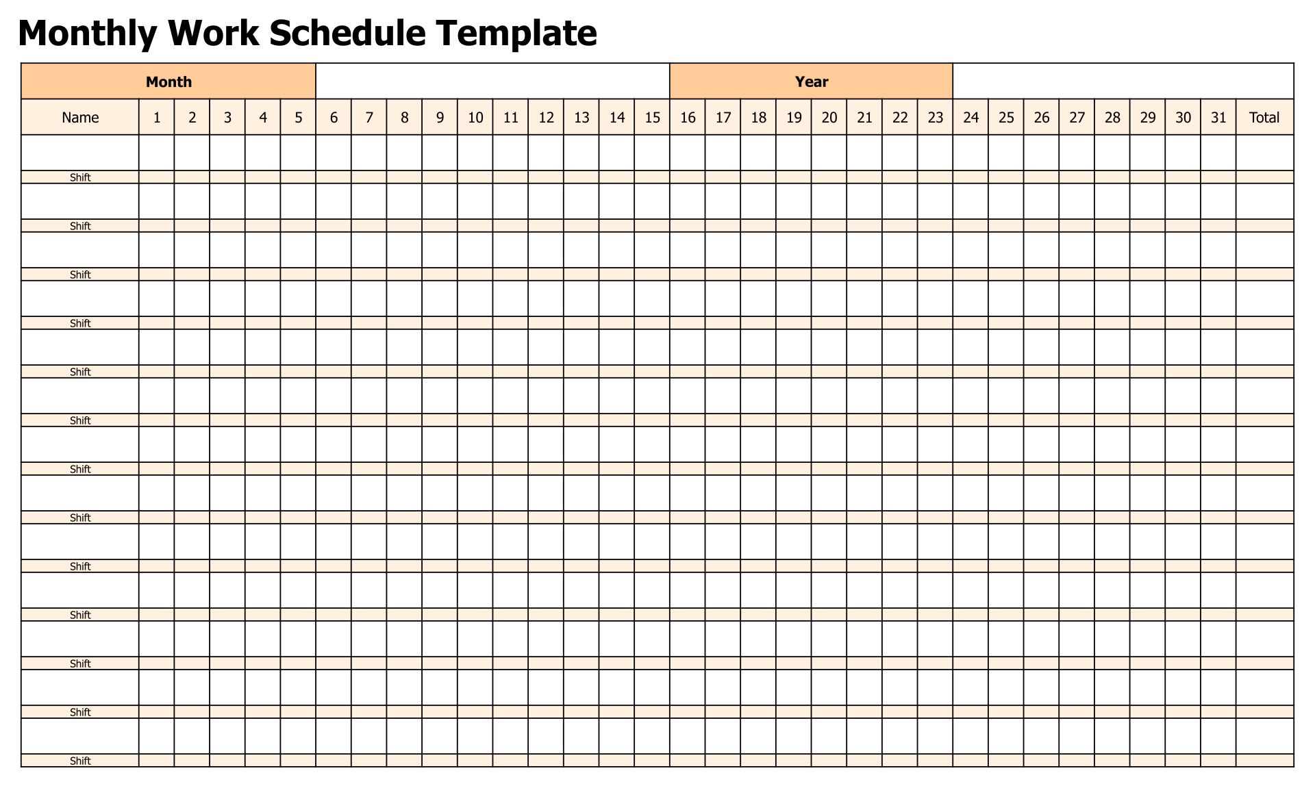 Monthly Work Schedule Template