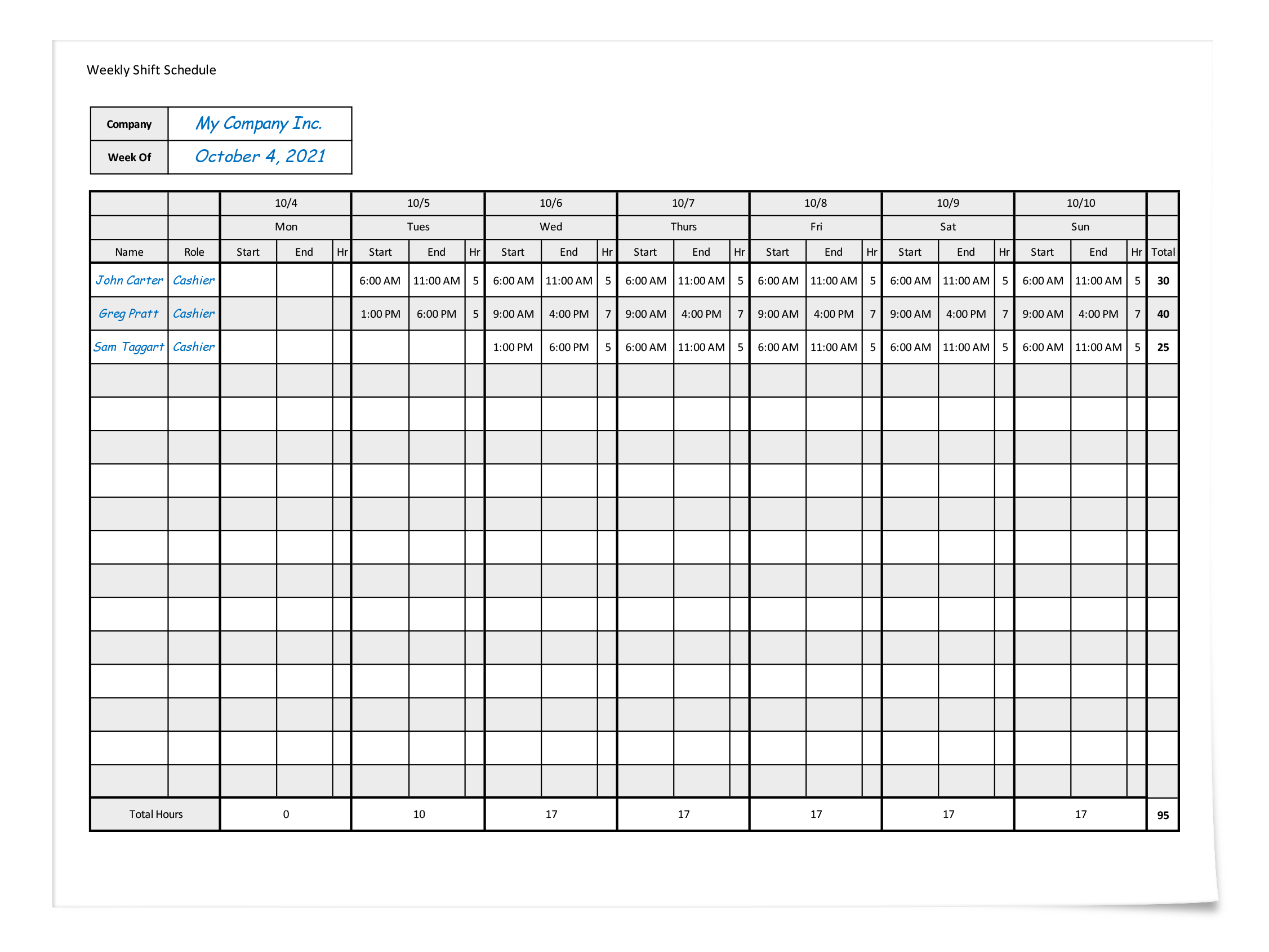 Monthly Work Schedule Template