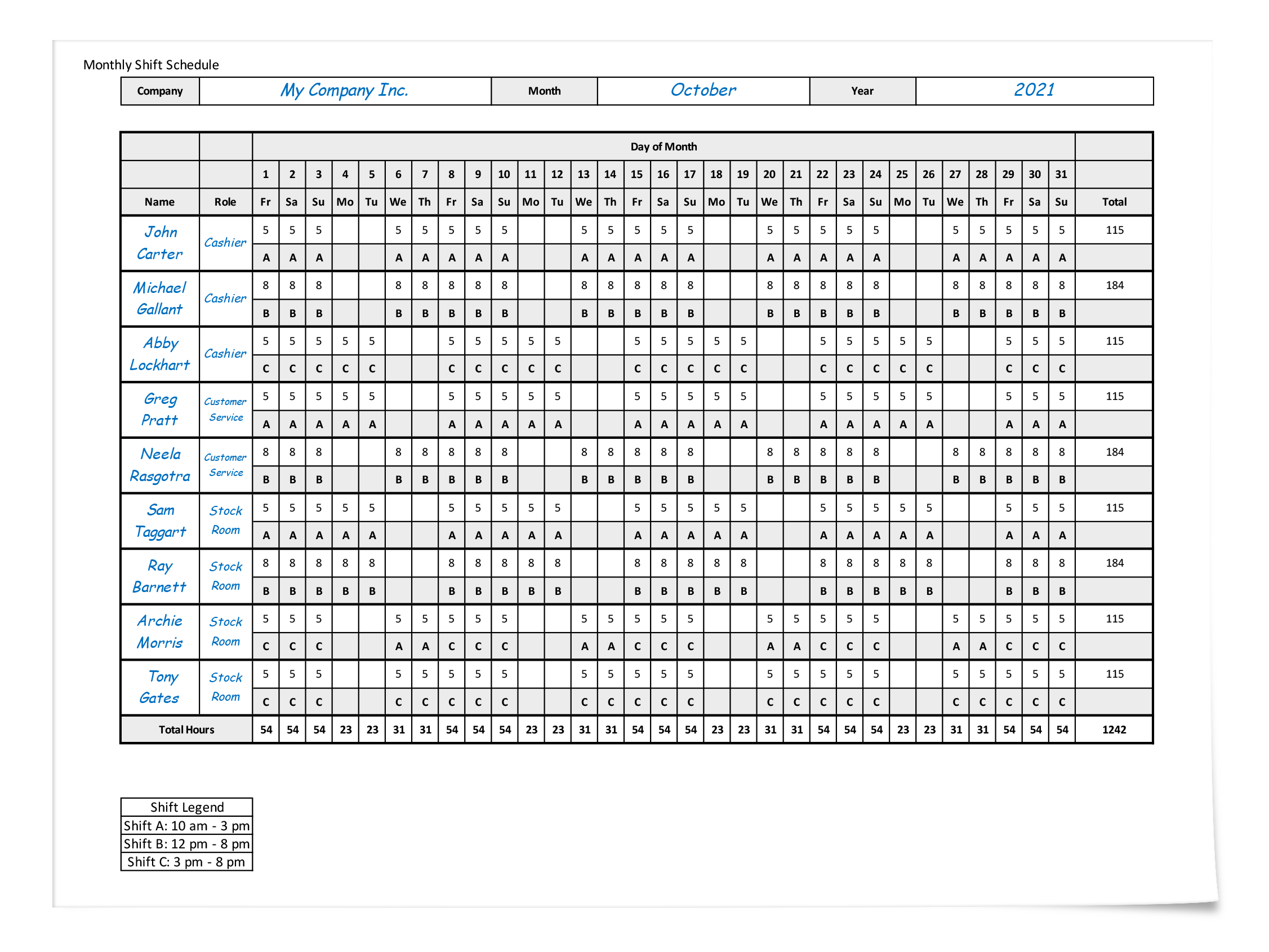 Monthly Work Schedule Template
