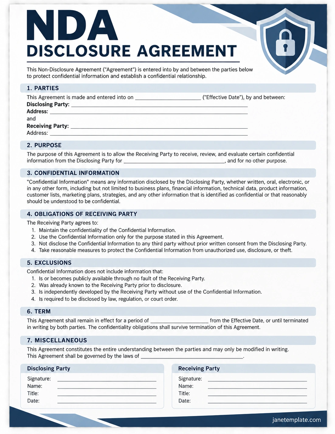 NDA Disclosure Agreement Template Printable NDA disclosure agreement template with confidential information terms and signature sections
