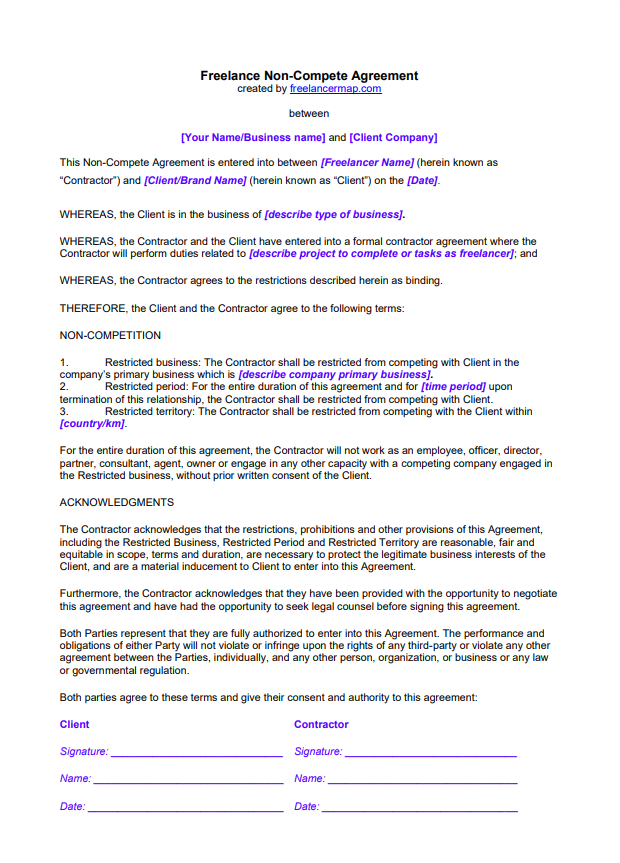 Non competition Agreement Template
