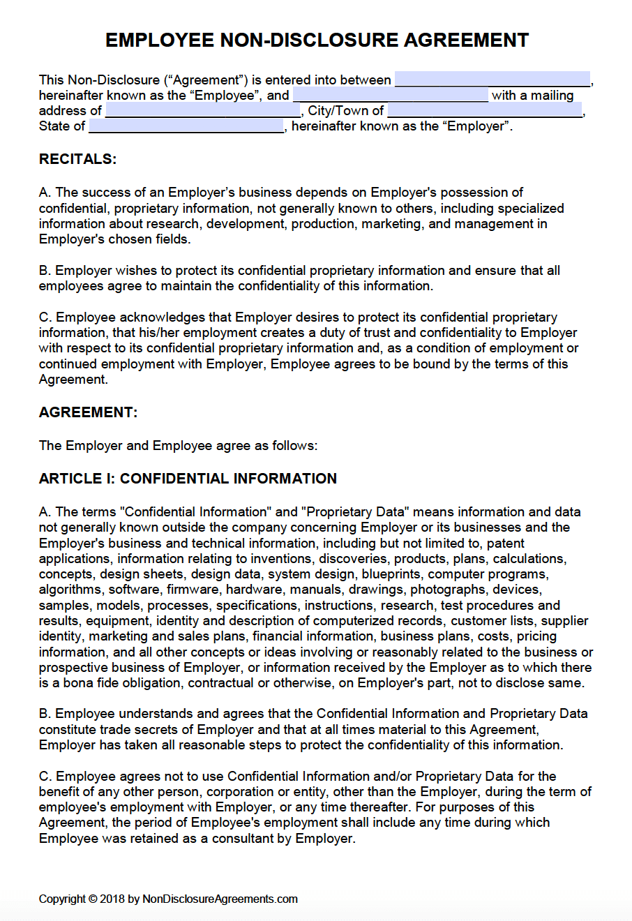 Non disclosure Agreement Template for Employees