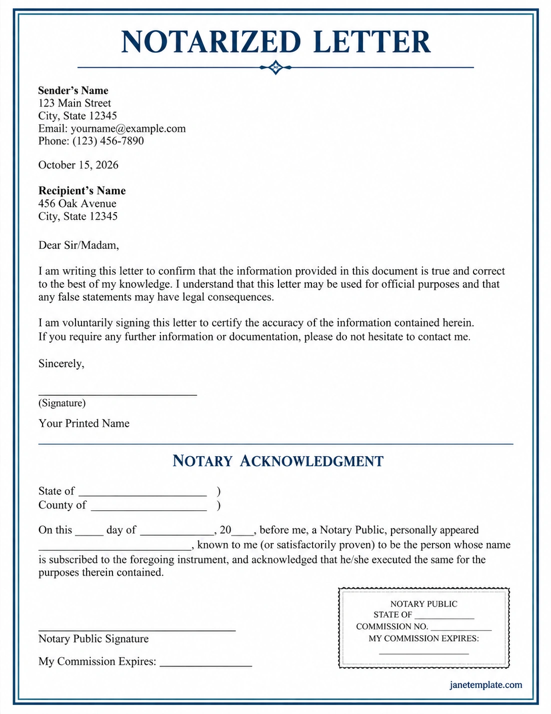 Sample notarized letter with formal document layout, signature section, notary acknowledgment, and official seal area