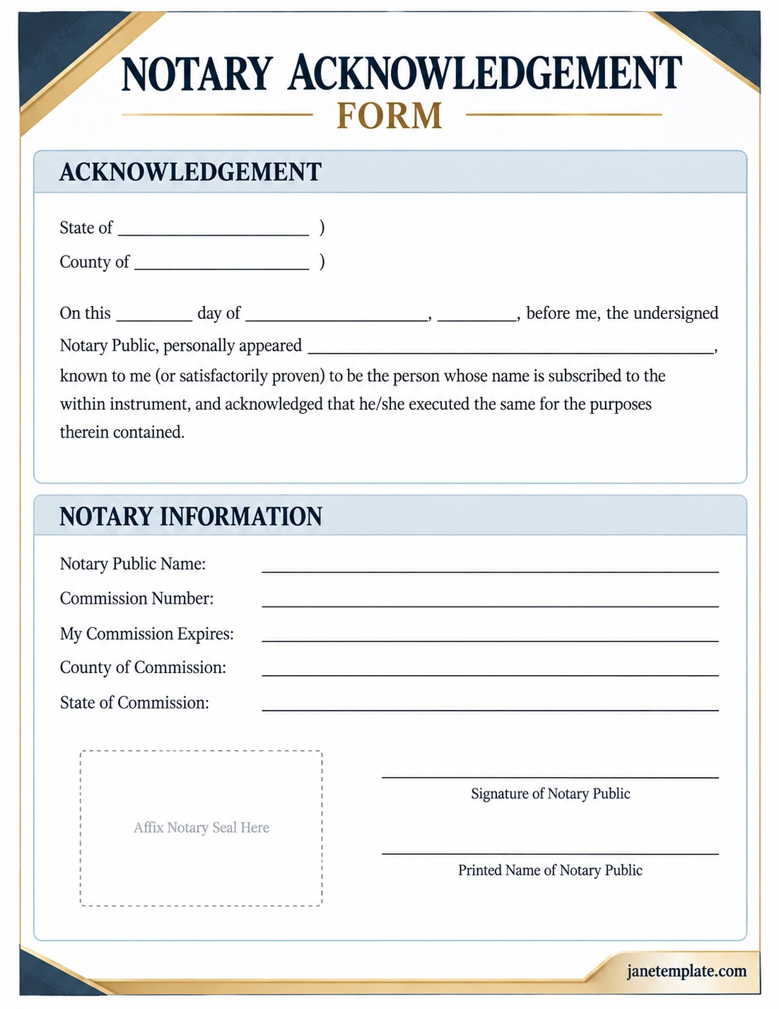 Notary Acknowledgement Form Template with acknowledgment wording, notary information, signature, and seal sections