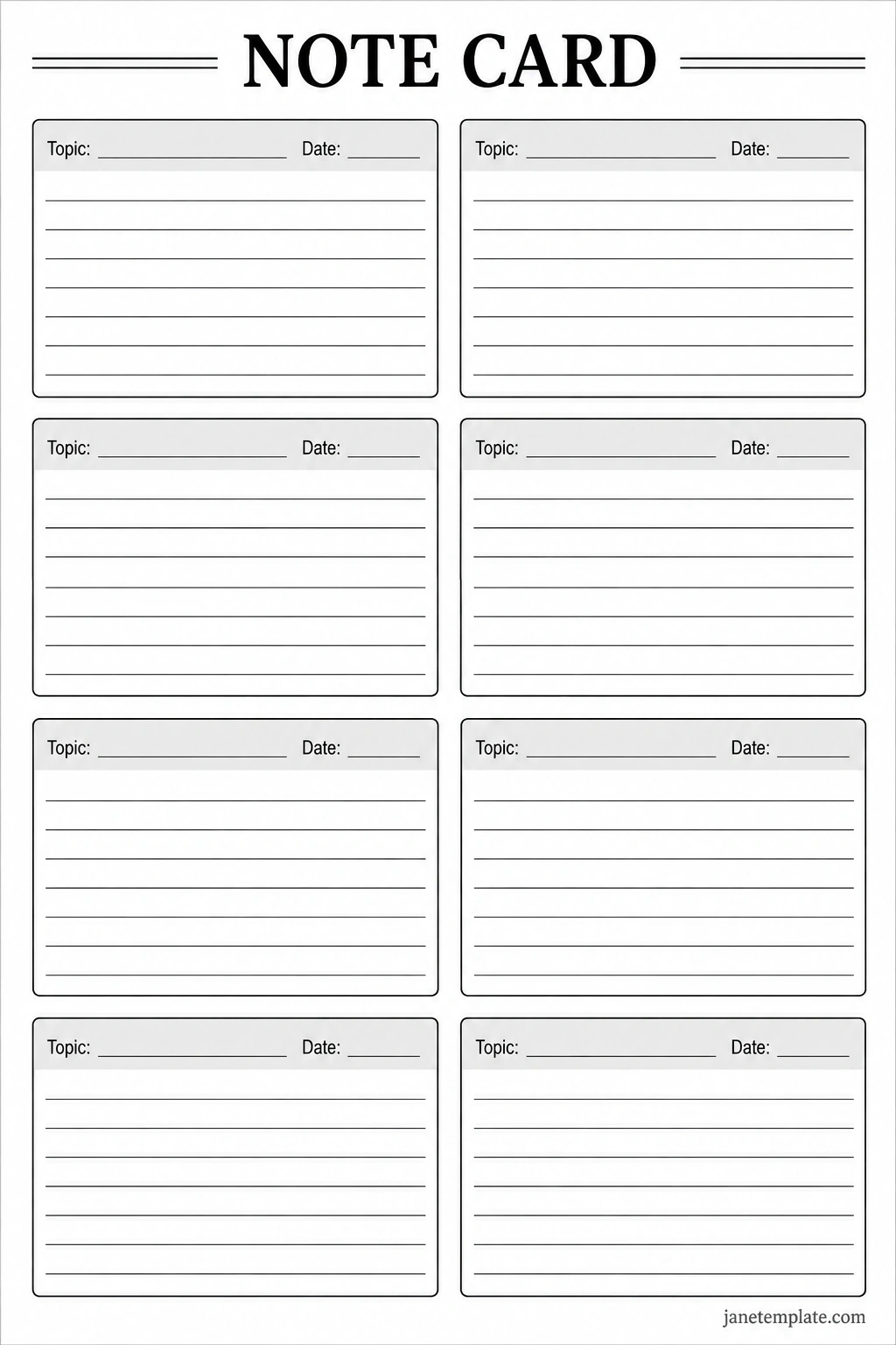 Printable note card template with blank topic and date fields, writing lines, and eight cards arranged on a US Letter page