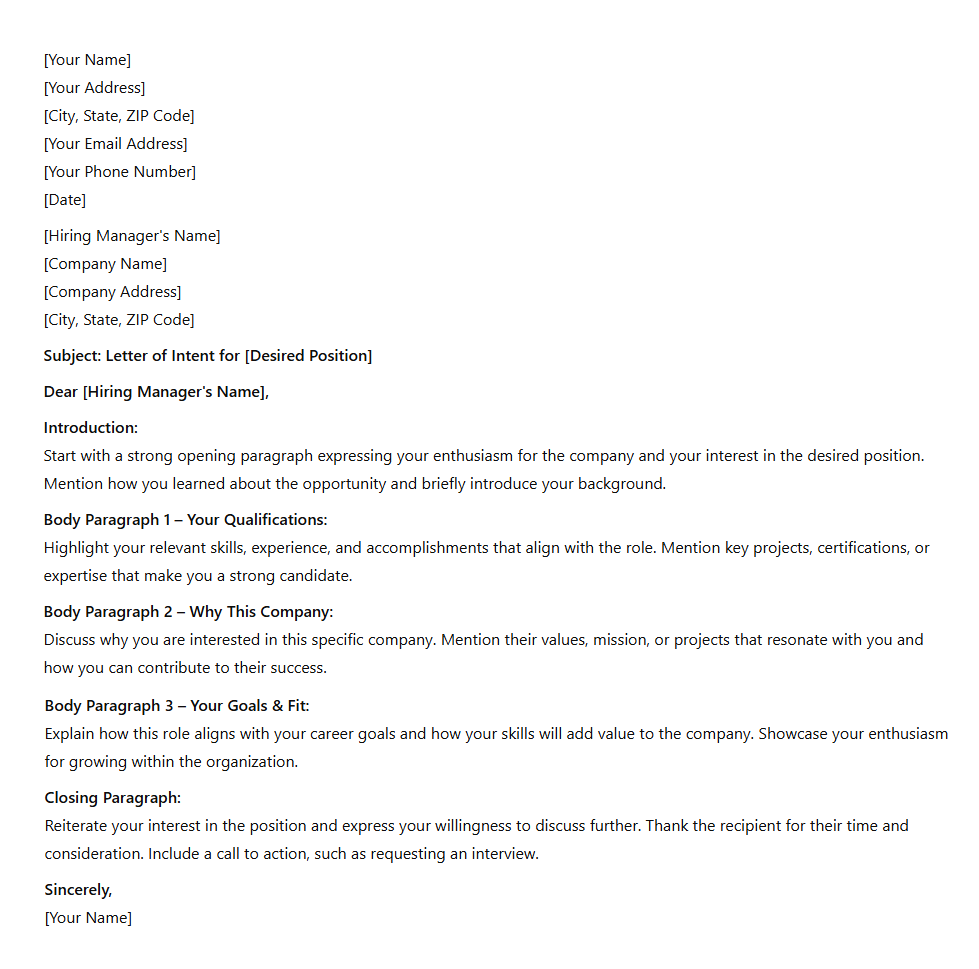 Nursing Letter of Intent Template