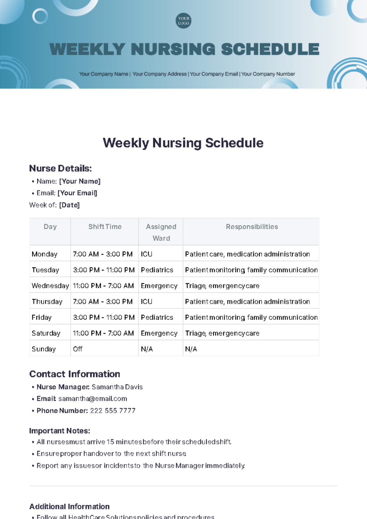 Nursing Schedule Template