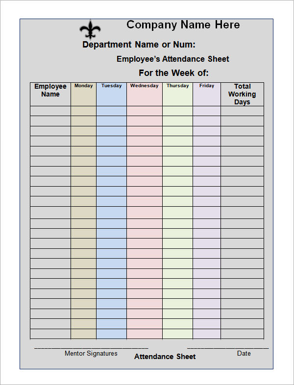 Office Staff Attendance Sheet Template