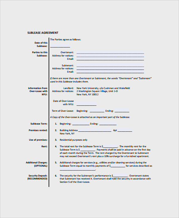 Office Sublease Agreement Template