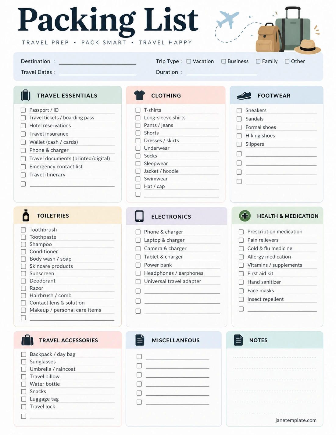 Packing List Template Printable packing list template with checkboxes for travel essentials, clothing, footwear, toiletries, electronics, and medications
