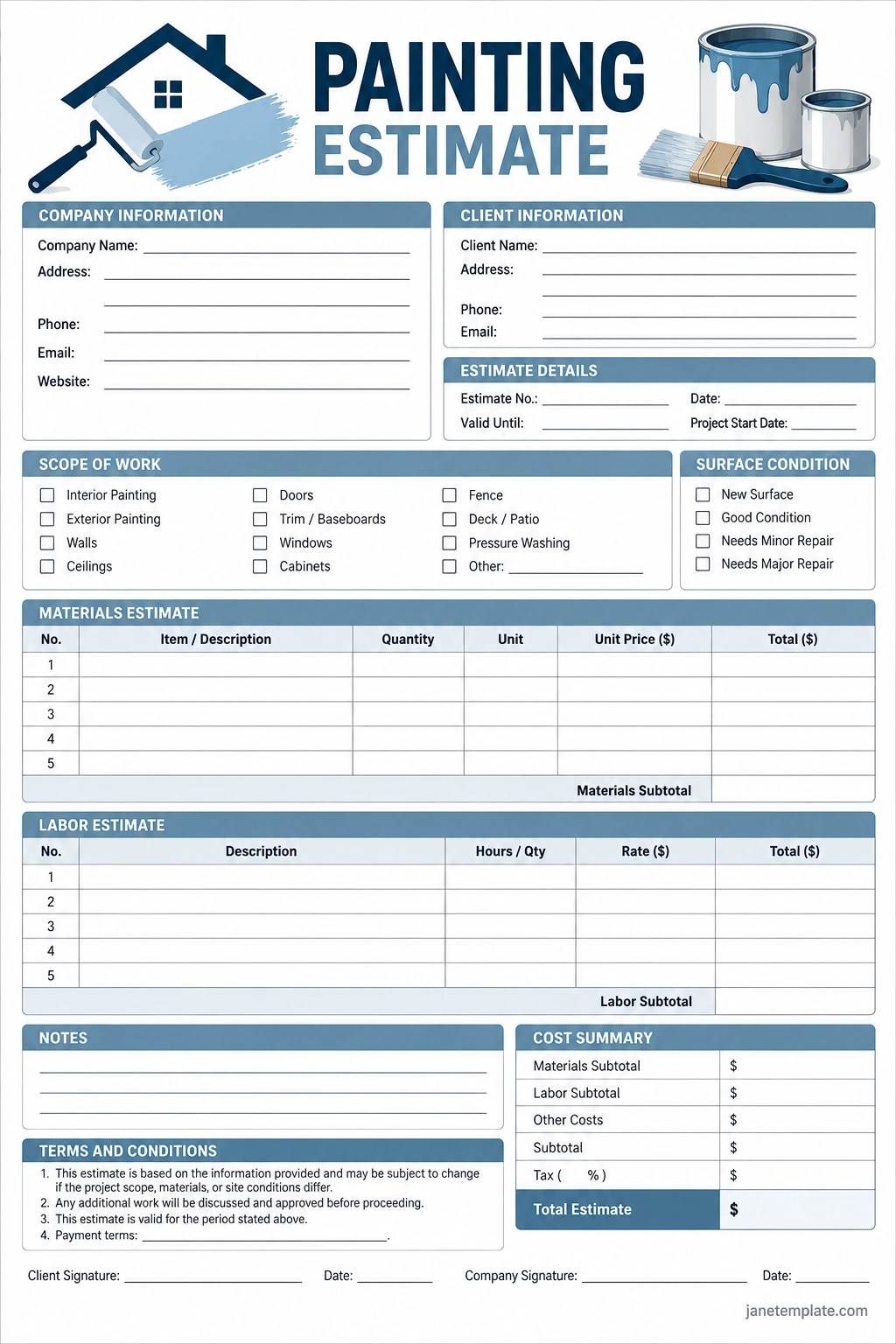 Painting Estimate Template Printable painting estimate template with company and client information, project scope, materials and labor costs, terms, and total estimate