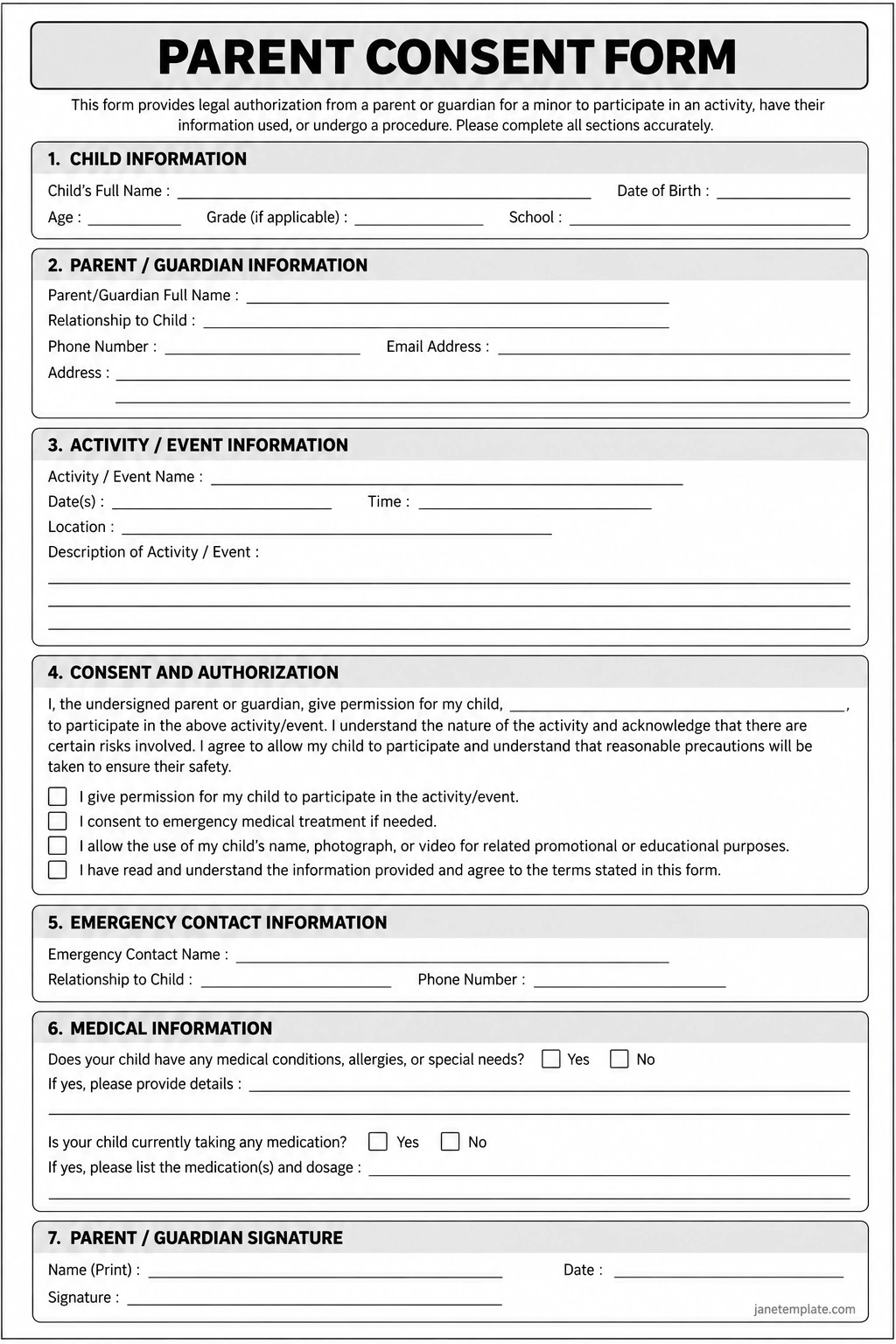 Parent Consent Form Printable parent consent form template with child information, guardian contact details, activity authorization, emergency contacts, medical information, and signature fields