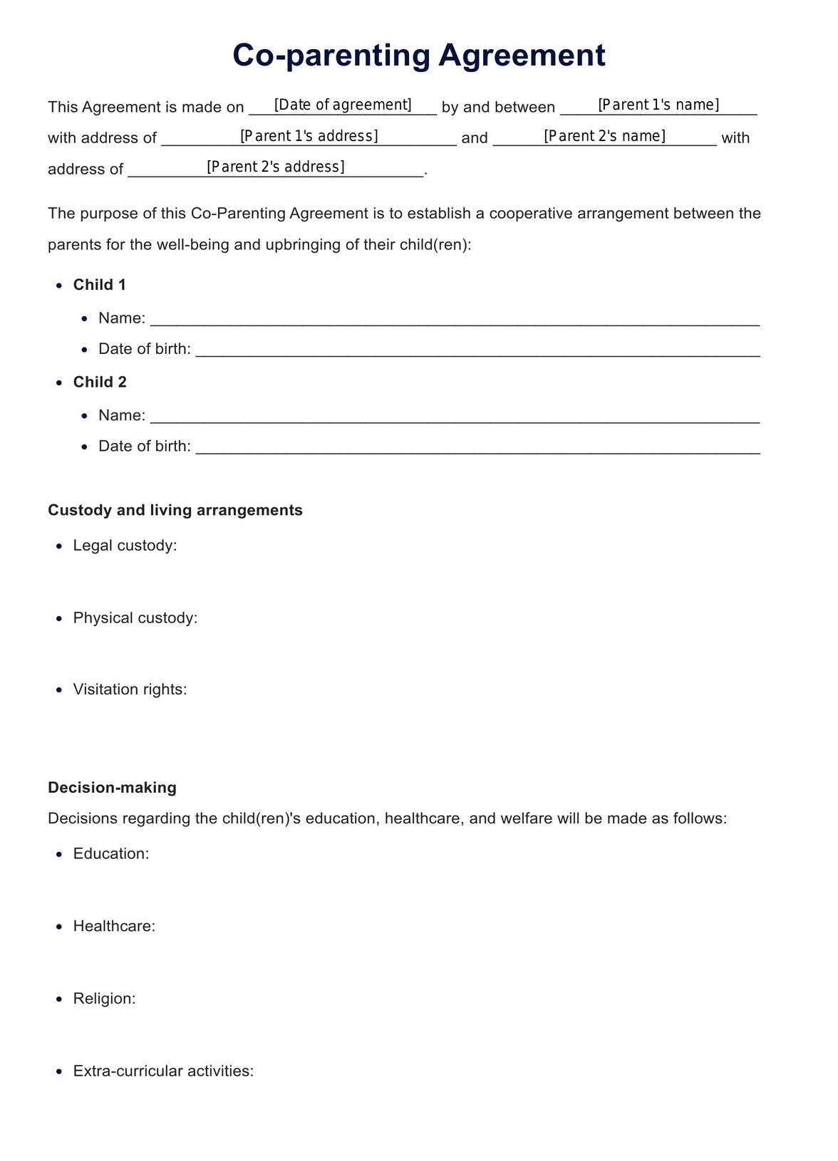 Parenting Agreement Template Sample
