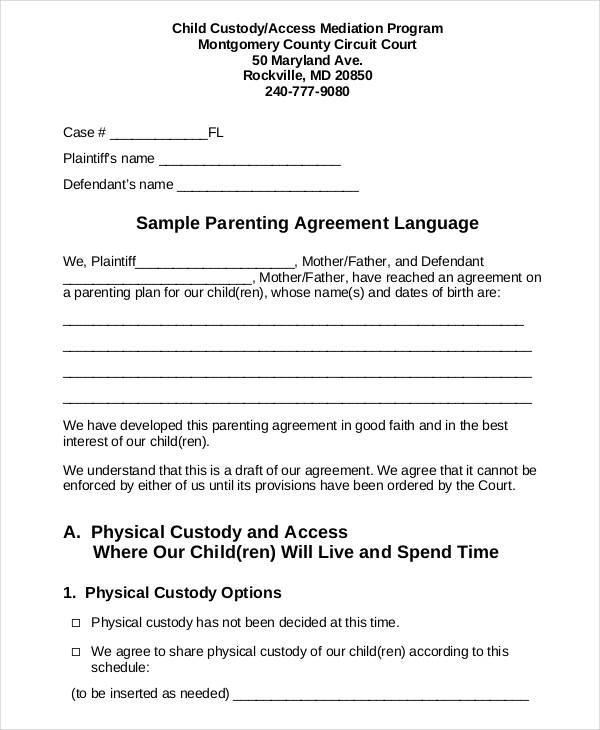 Parenting Agreement Template Parenting Agreement Template