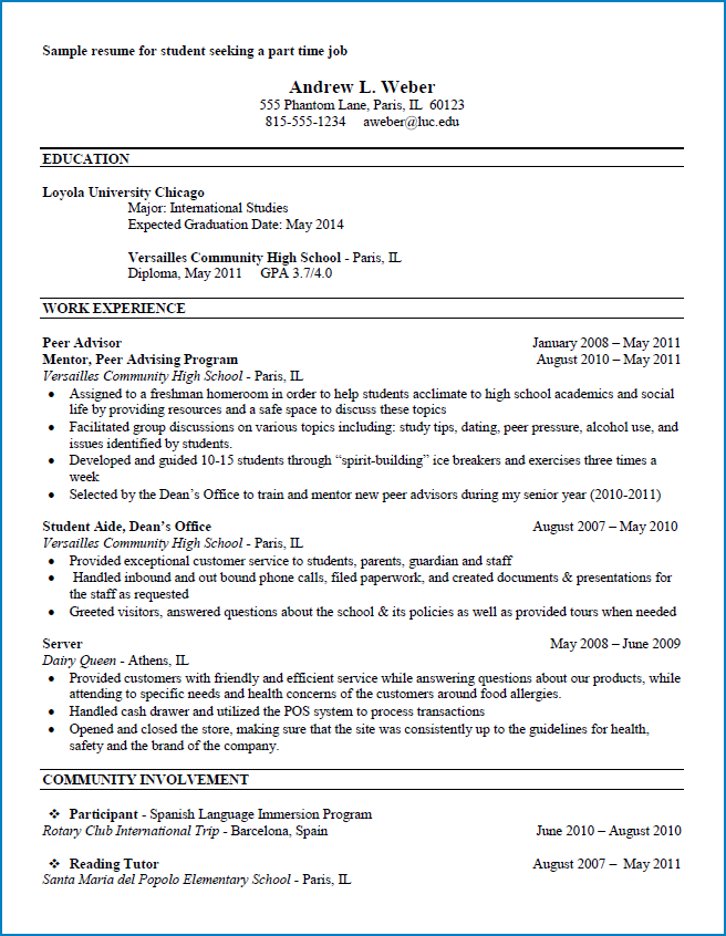 Part Time Job Resume Template