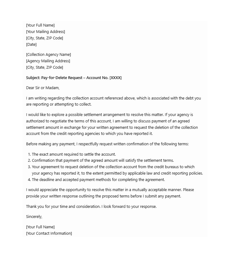 Sample pay-for-delete letter requesting removal of a collection account from a credit report in exchange for an agreed settlement payment