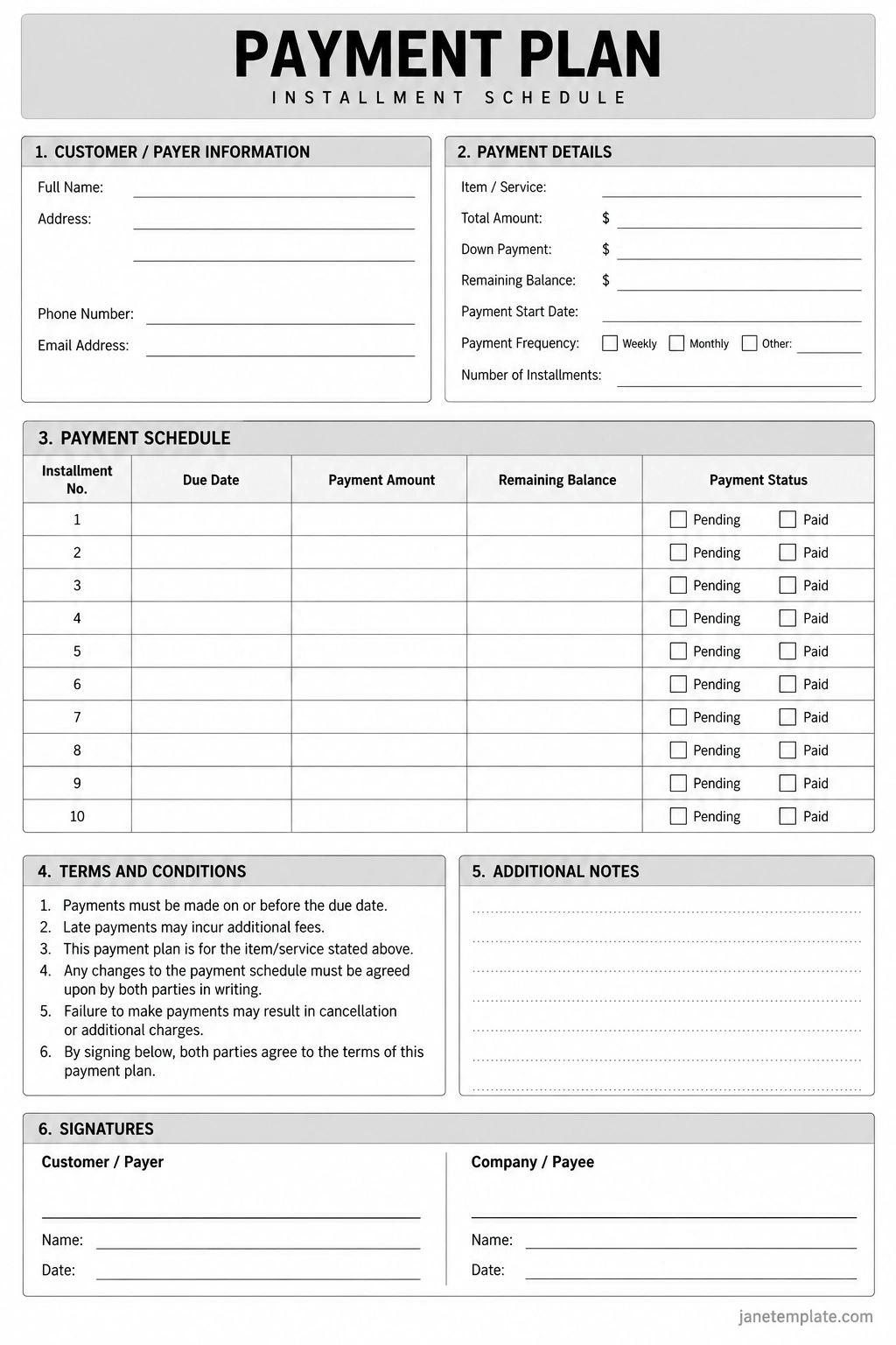 Printable Payment Plan Template With Installment Schedule, Due Dates, Payment Amounts, and Remaining Balance