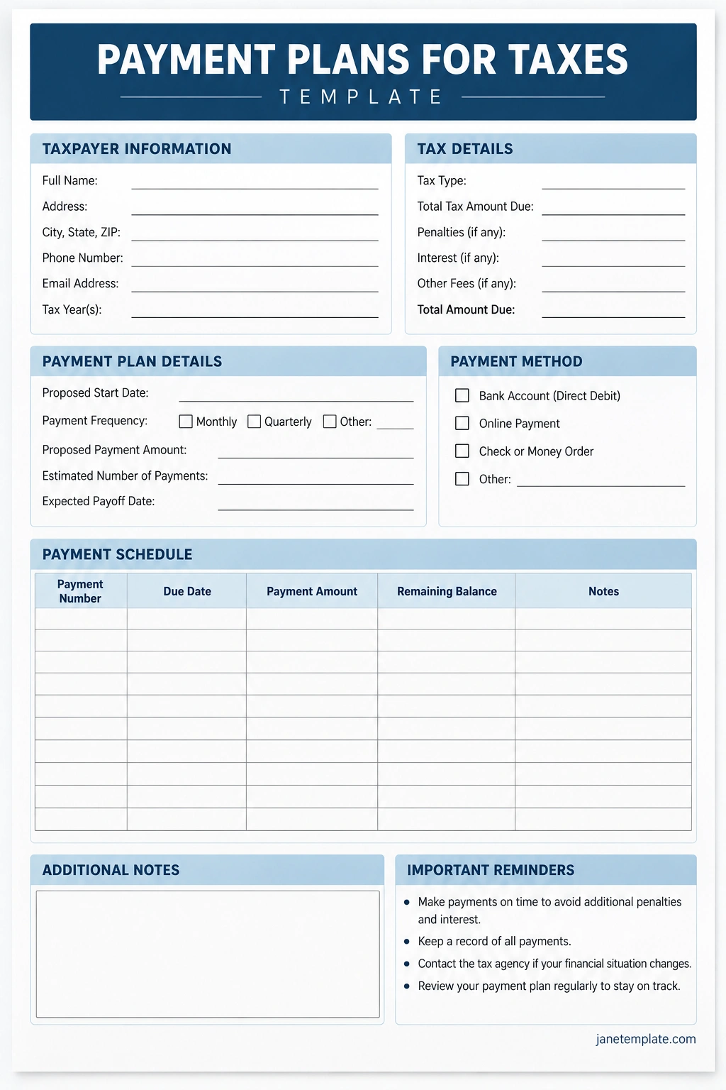 Payment Plans for Taxes Payment plans for taxes template with taxpayer information, tax details, payment plan details, payment methods, and a monthly payment schedule.