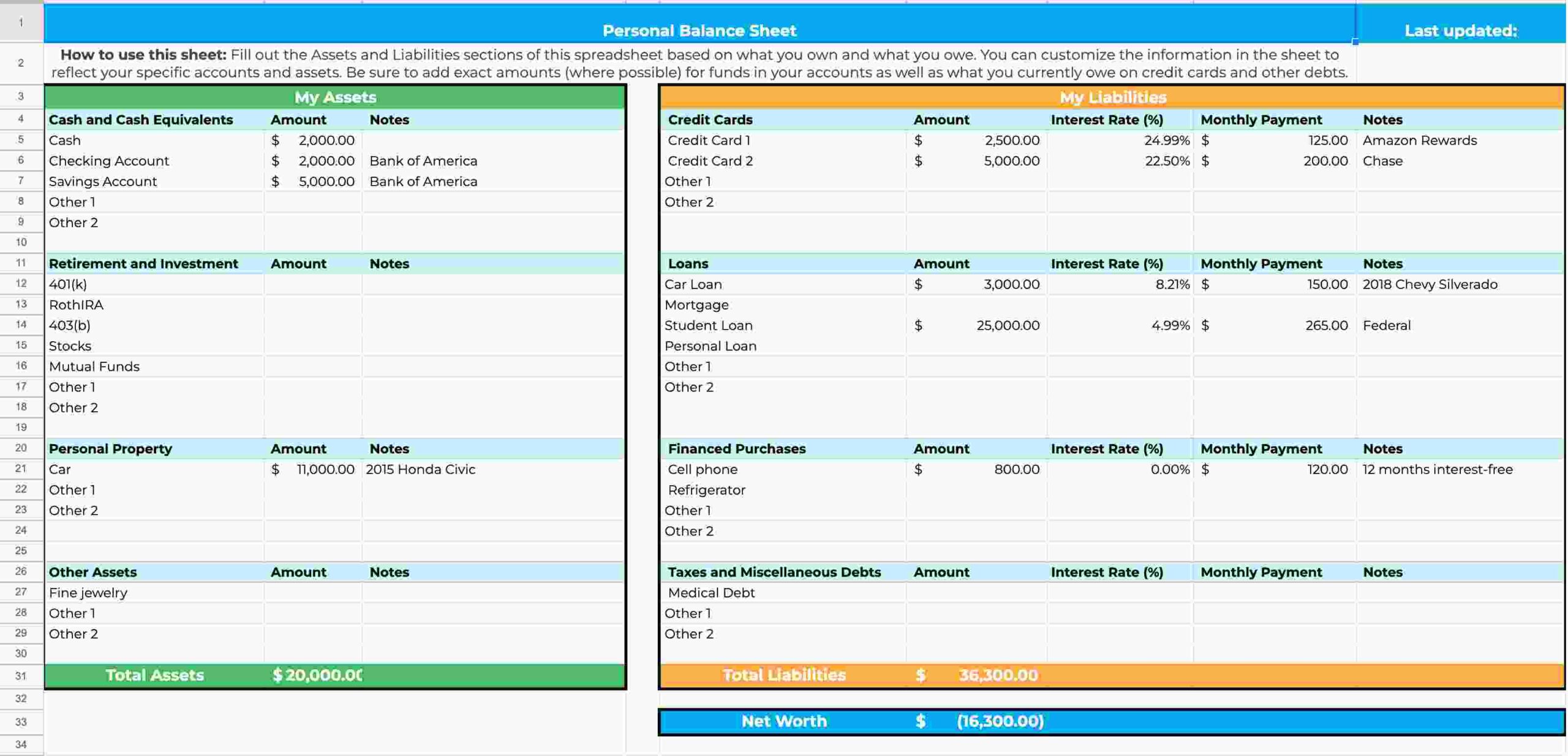 Personal Assets And Debts Calculator Template Personal Assets And Debts Calculator Template