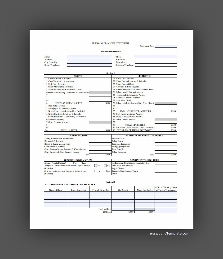 Personal Financial Statement Template Personal Financial Statement Template