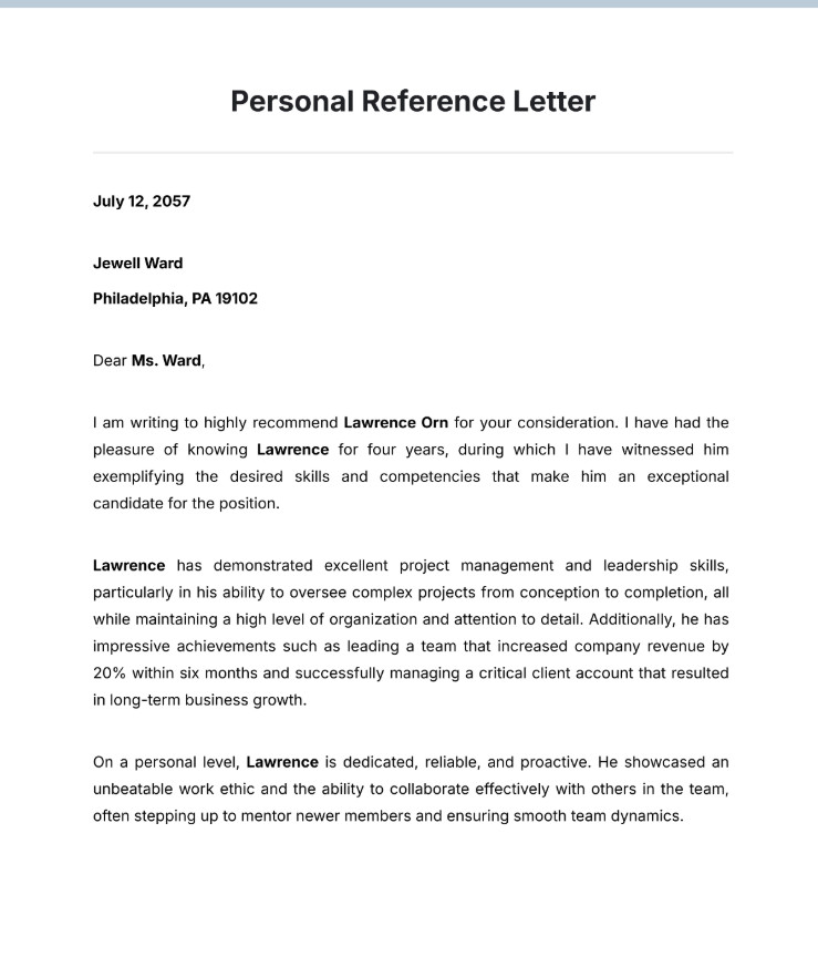 Personal Reference Letter Template
