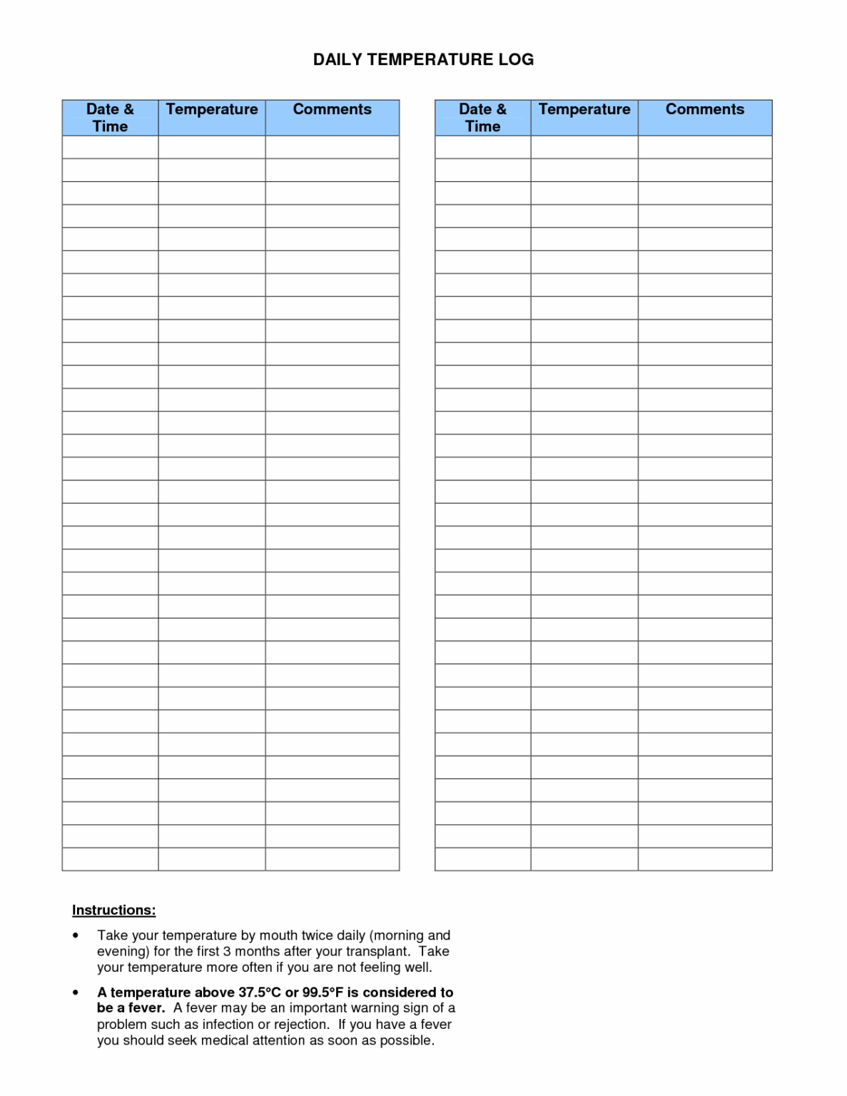 Personal Temperature Log Template