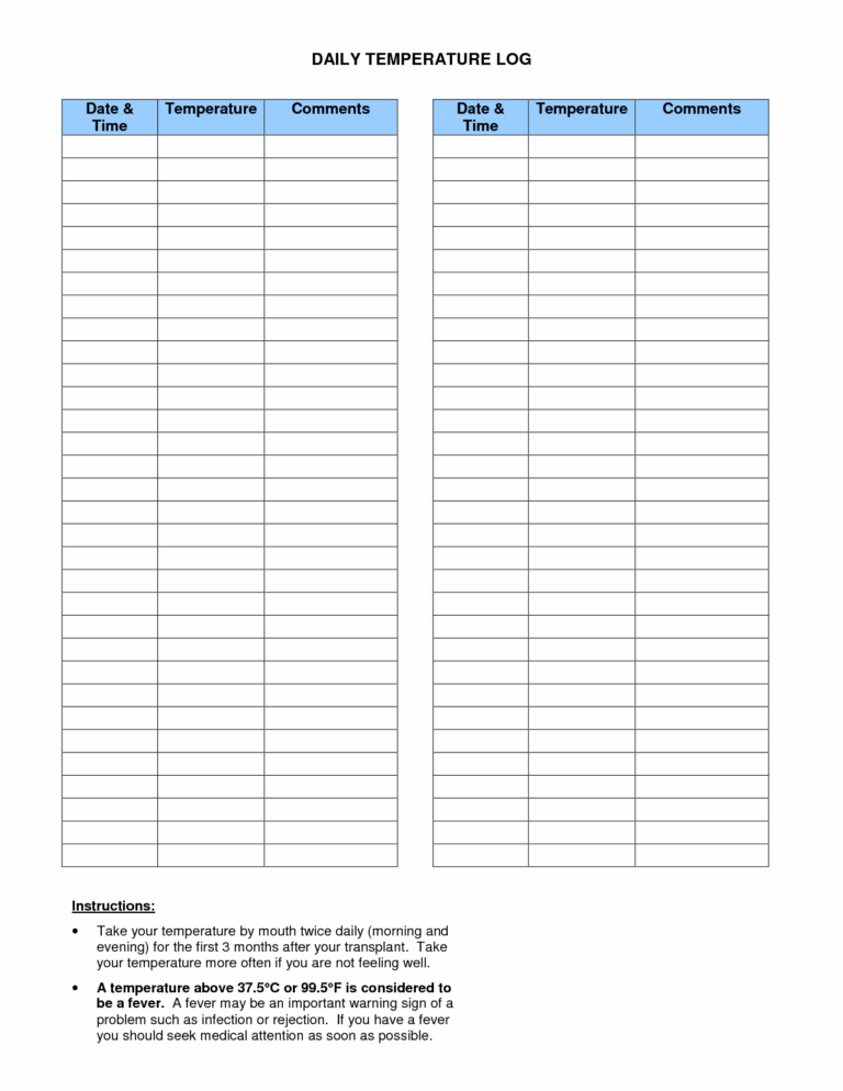 Insurance Temperature Log Personal Temperature Log Template