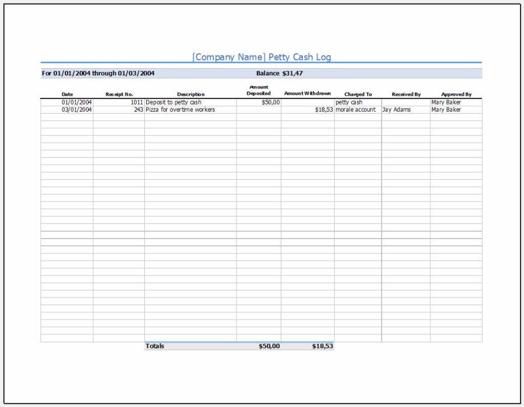 Money. Log Example Petty Cash Log Template (Excel)