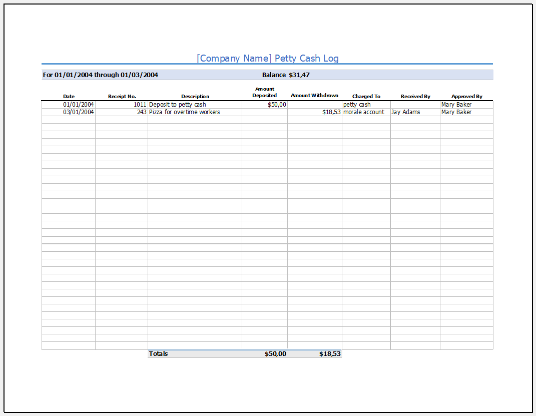 Petty Cash Log Template Petty Cash Log Template