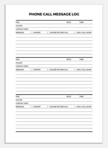 Printable Phone Message Log Template