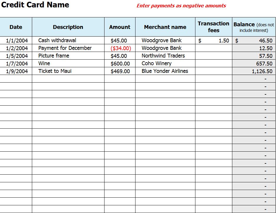Printable Credit Card Use Log Template Sample Printable Credit Card Use Log Template Sample