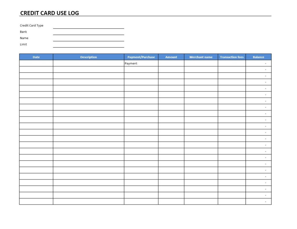 Printable Credit Card Use Log Template Printable Credit Card Use Log Template