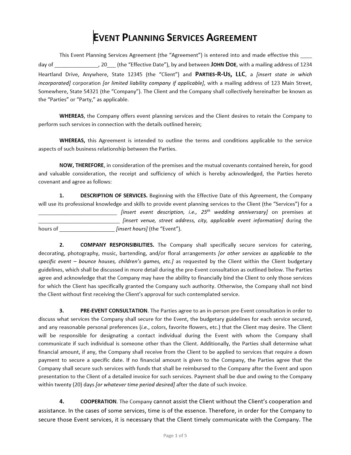 Printable Event Planning Agreement Template