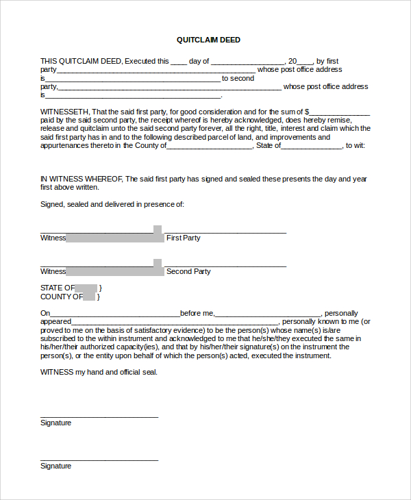 Printable Quit Claim Deed Form Example