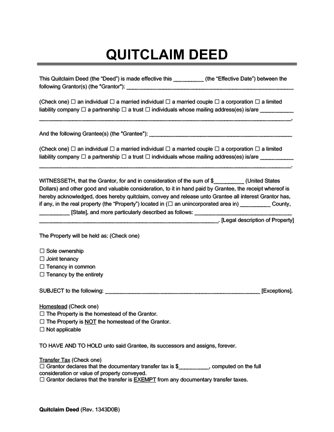 Printable Quit Claim Deed Form