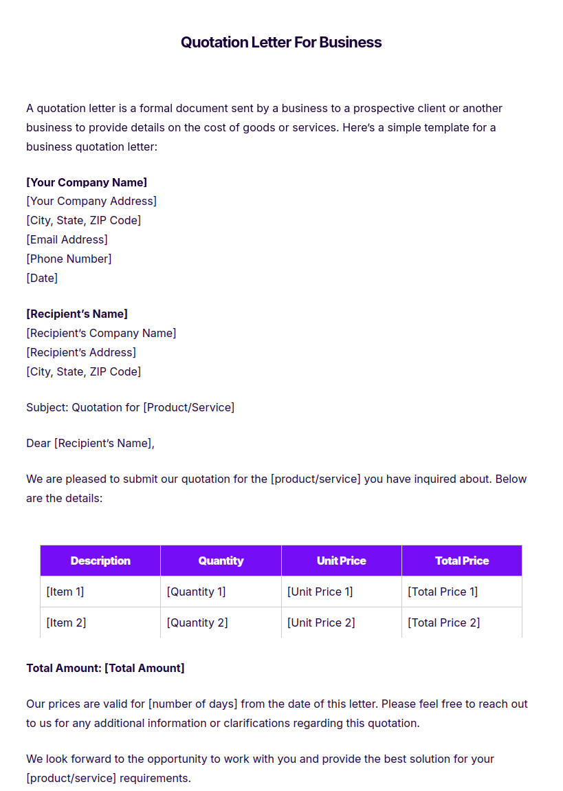 Printable Quotation Letter Template Example Printable Quotation Letter Template Example