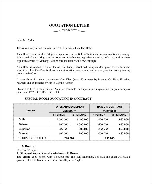 Printable Quotation Letter Template Sample